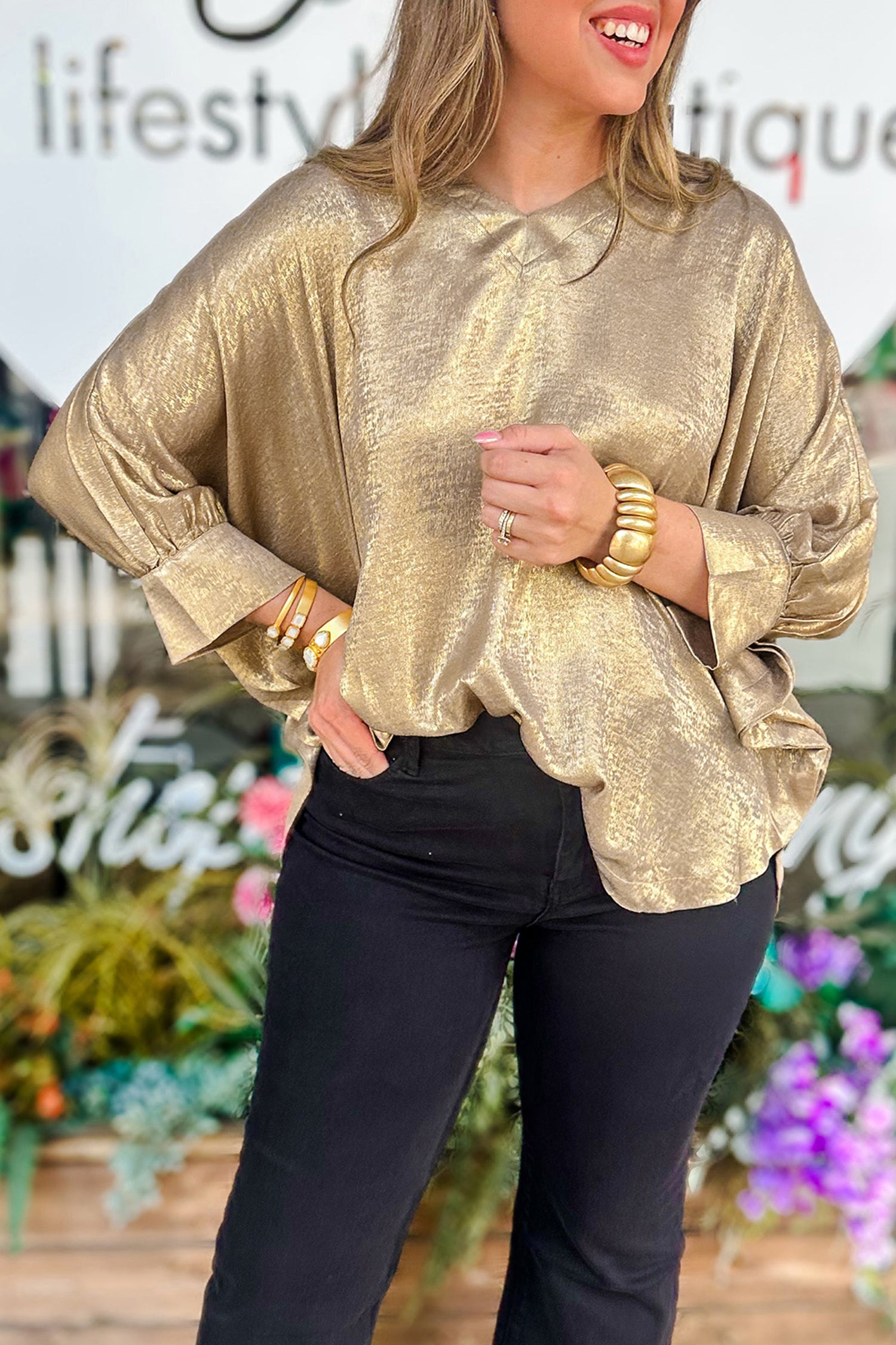Parchment Metallic V Neck Button Cuffed Long Sleeve Dolman Blouse-Tops/Blouses & Shirts-[Adult]-[Female]-2022 Online Blue Zone Planet