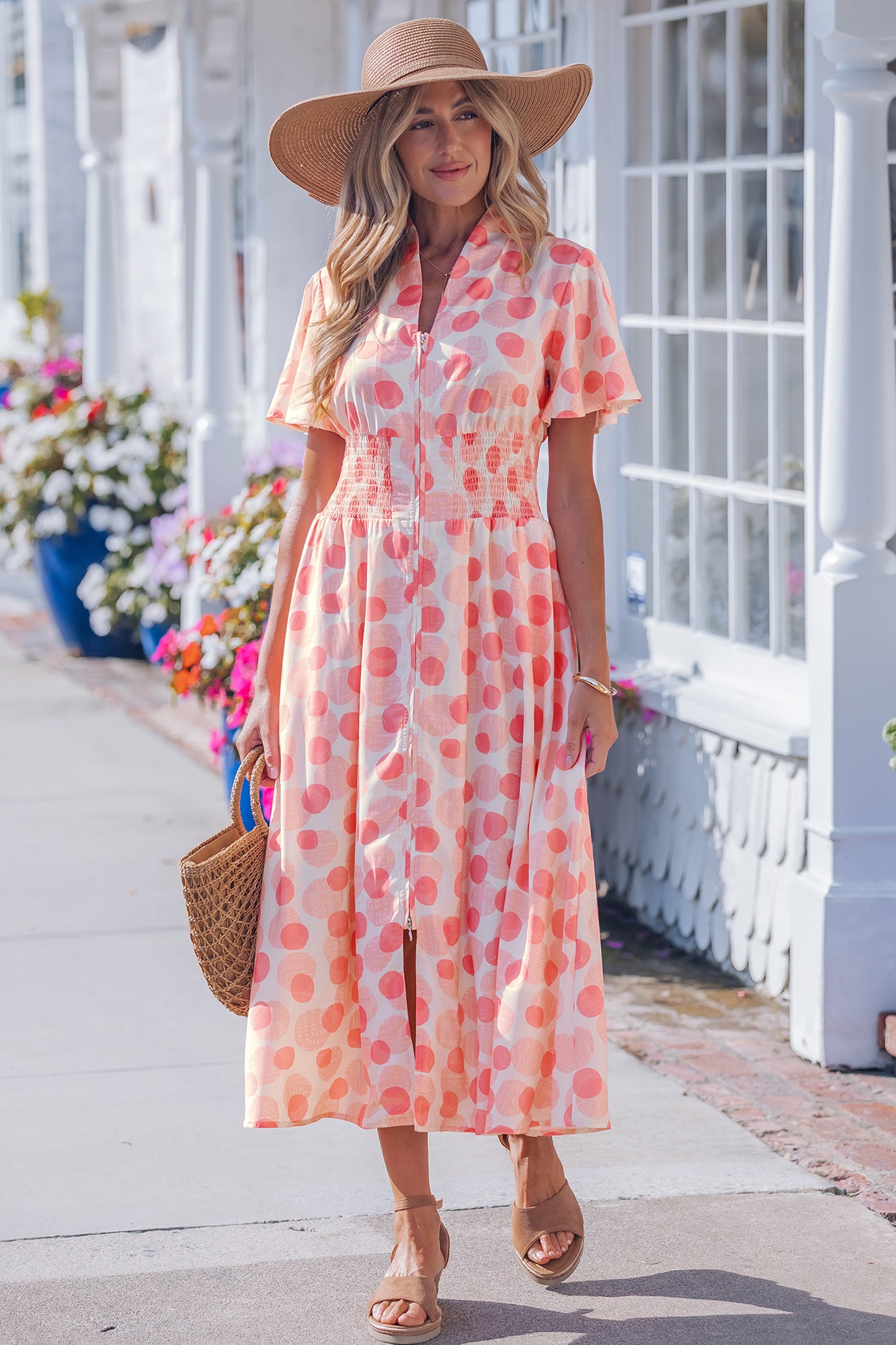 Pink Polka Dot Printed Ruffle Short Sleeve Zip Up Long Dress-TOPS / DRESSES-[Adult]-[Female]-2022 Online Blue Zone Planet