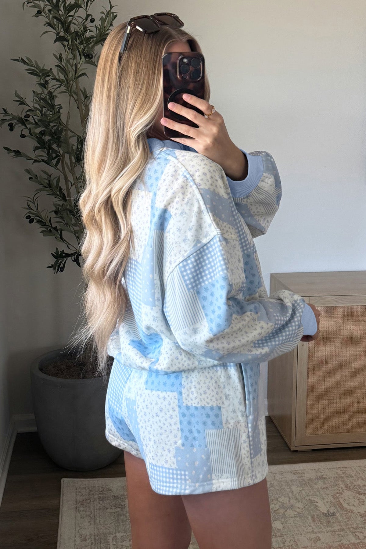 Sky Blue Patchwork Floral Print Drop Shoulder Baggy Pullover Drawstring Shorts Set-Two Piece Sets/Short Sets-[Adult]-[Female]-2022 Online Blue Zone Planet