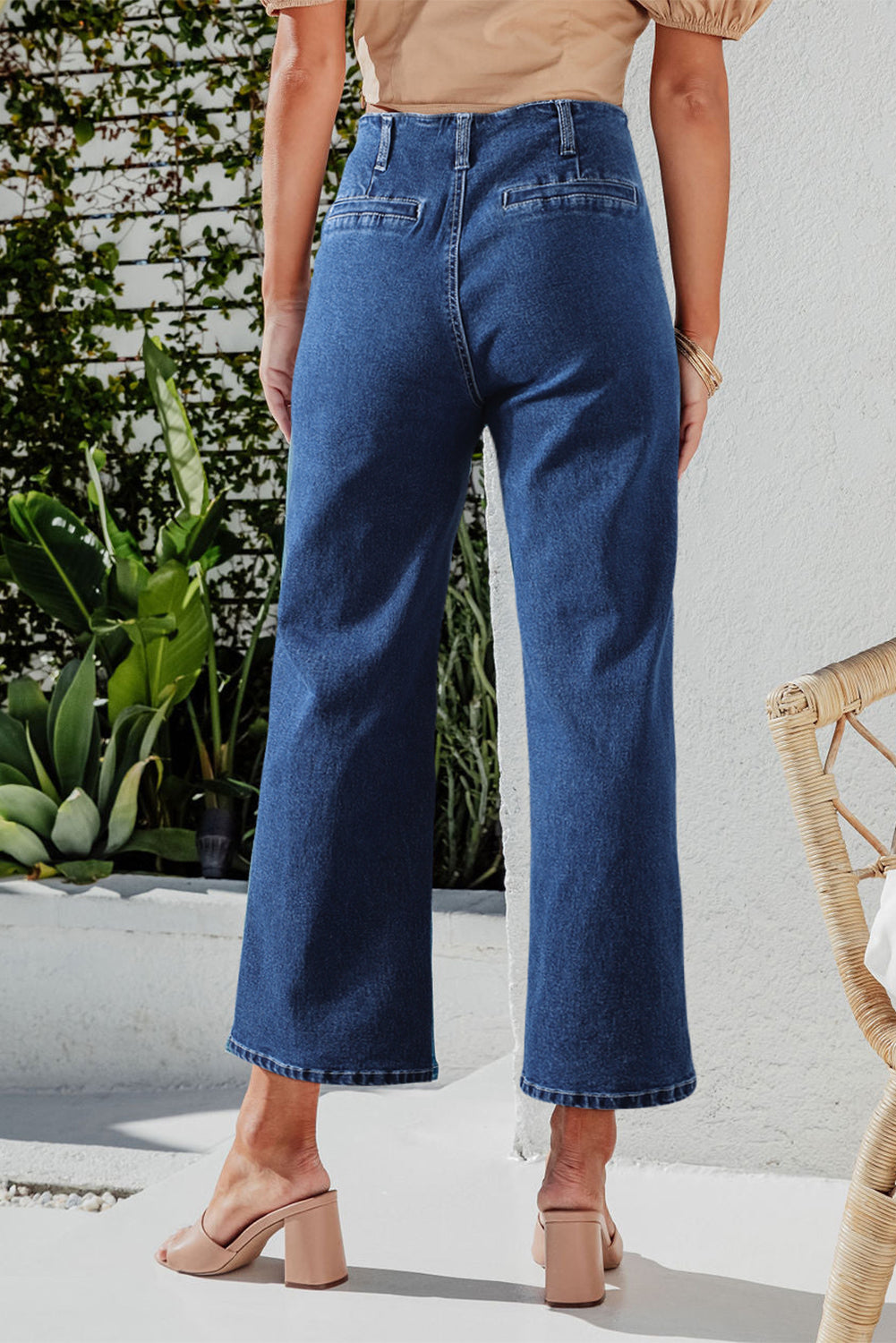 Sail Blue High Waist Button Front Wide Leg Cropped Jeans-Bottoms/Jeans-[Adult]-[Female]-2022 Online Blue Zone Planet