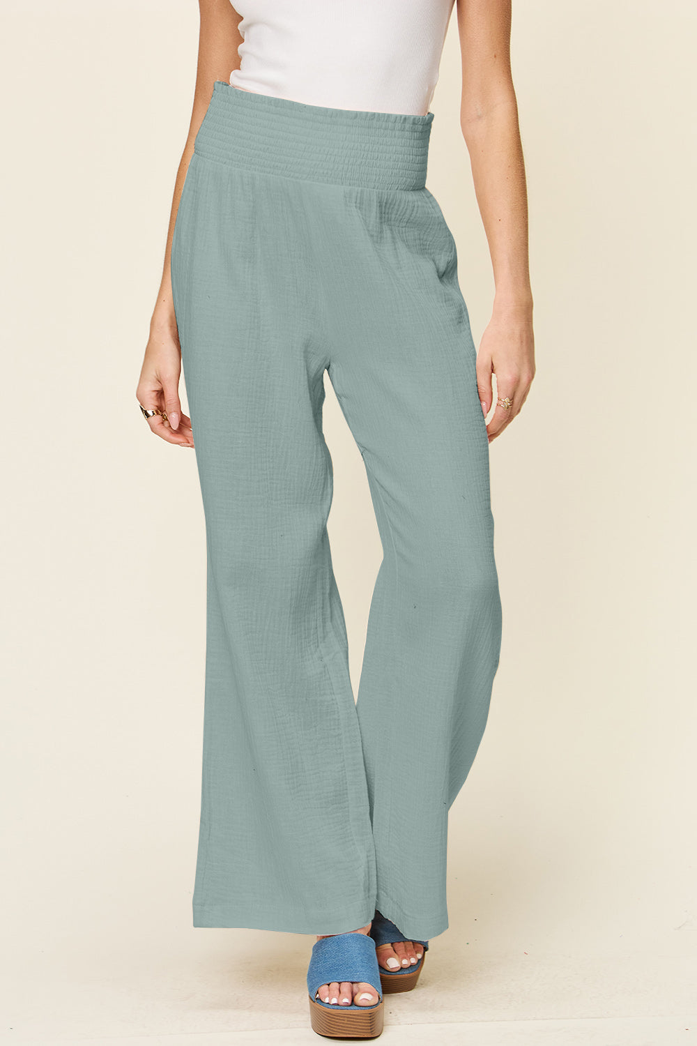 Double Take Full Size Texture Smocked Waist Wide Leg Pants-BOTTOMS SIZES SMALL MEDIUM LARGE-[Adult]-[Female]-2022 Online Blue Zone Planet