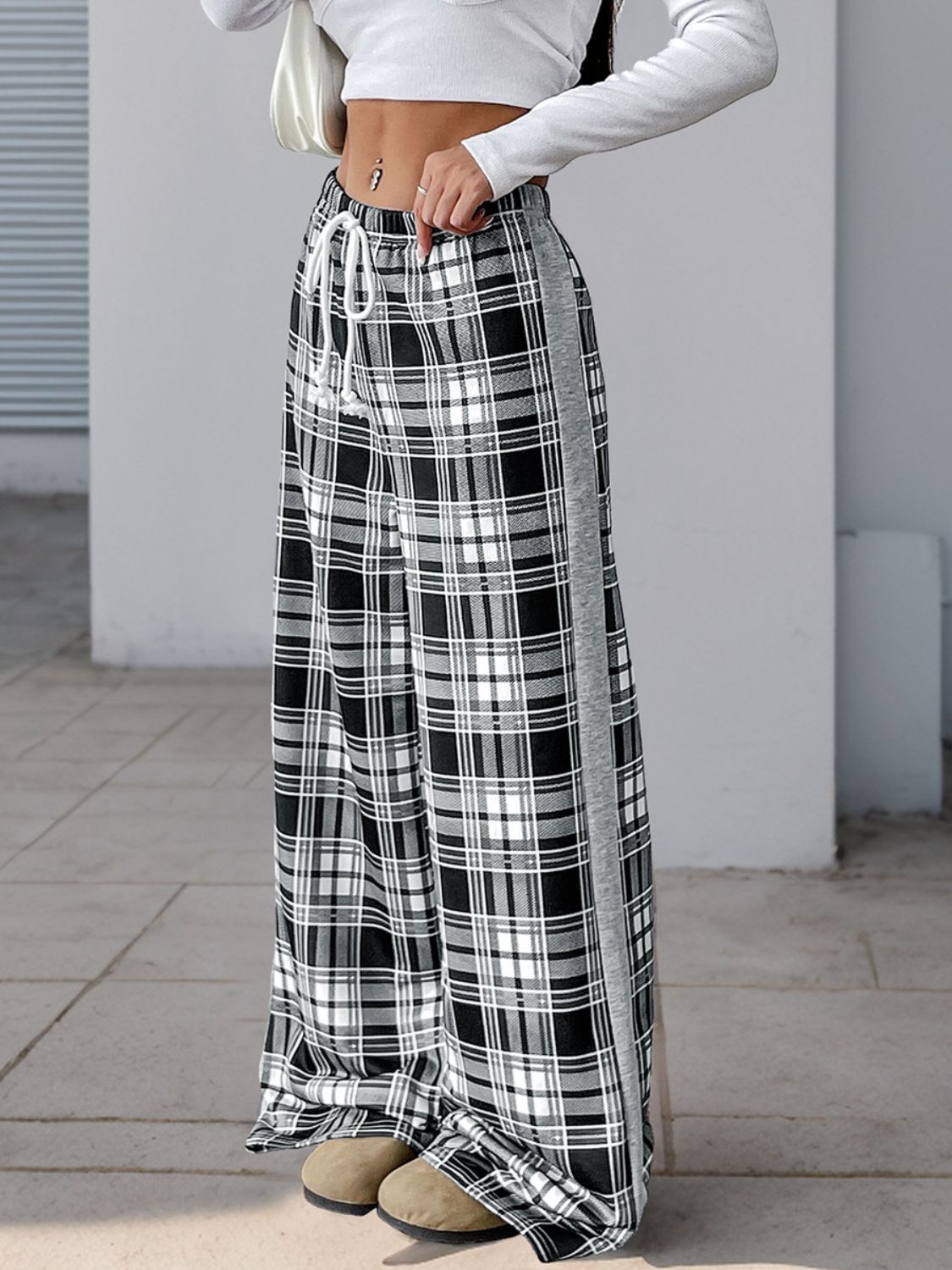 Perfee Drawstring Plaid Wide Leg Pants-BOTTOMS SIZES SMALL MEDIUM LARGE-[Adult]-[Female]-2022 Online Blue Zone Planet