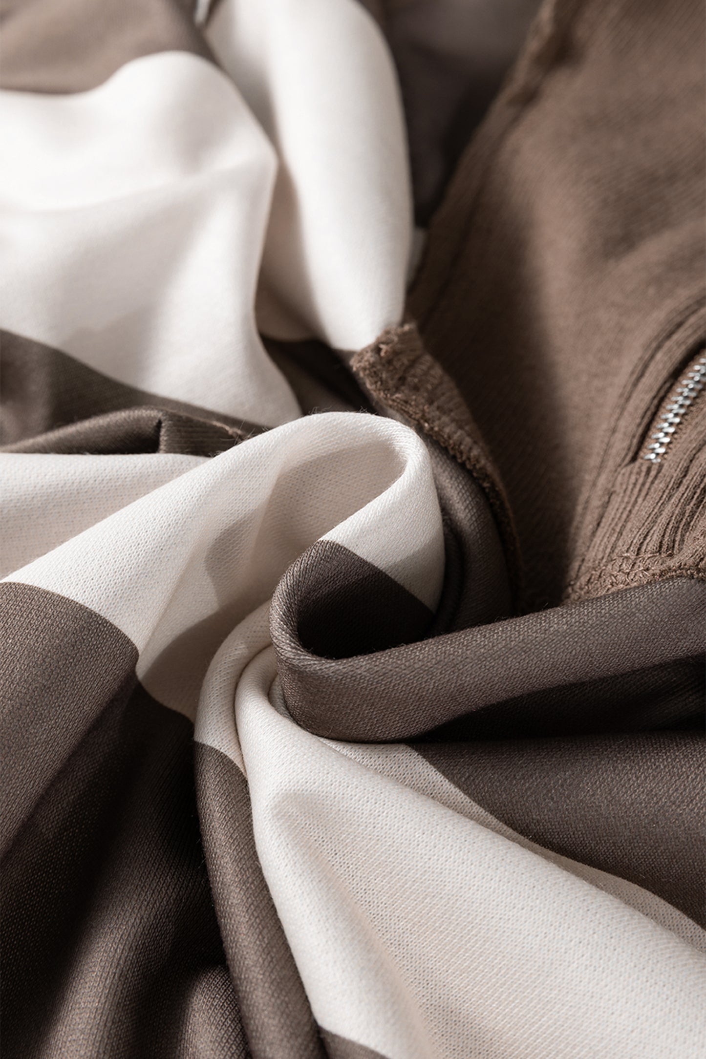 Brown Striped Color Block Zip Collar 3/4 Sleeve Oversize Sweatshirt-Tops/Sweatshirts & Hoodies-[Adult]-[Female]-2022 Online Blue Zone Planet