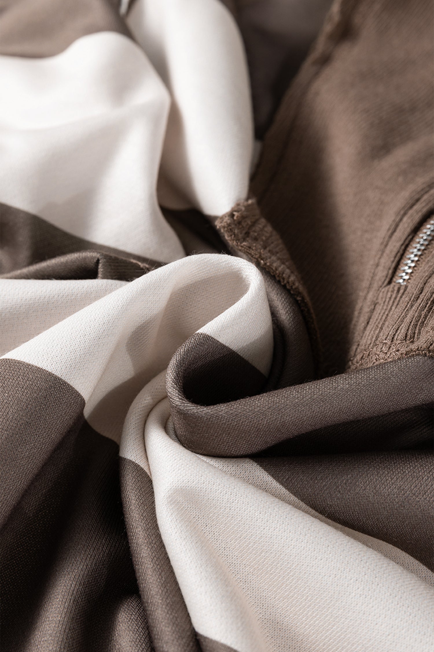 Brown Striped Color Block Zip Collar 3/4 Sleeve Oversize Sweatshirt-Tops/Sweatshirts & Hoodies-[Adult]-[Female]-2022 Online Blue Zone Planet