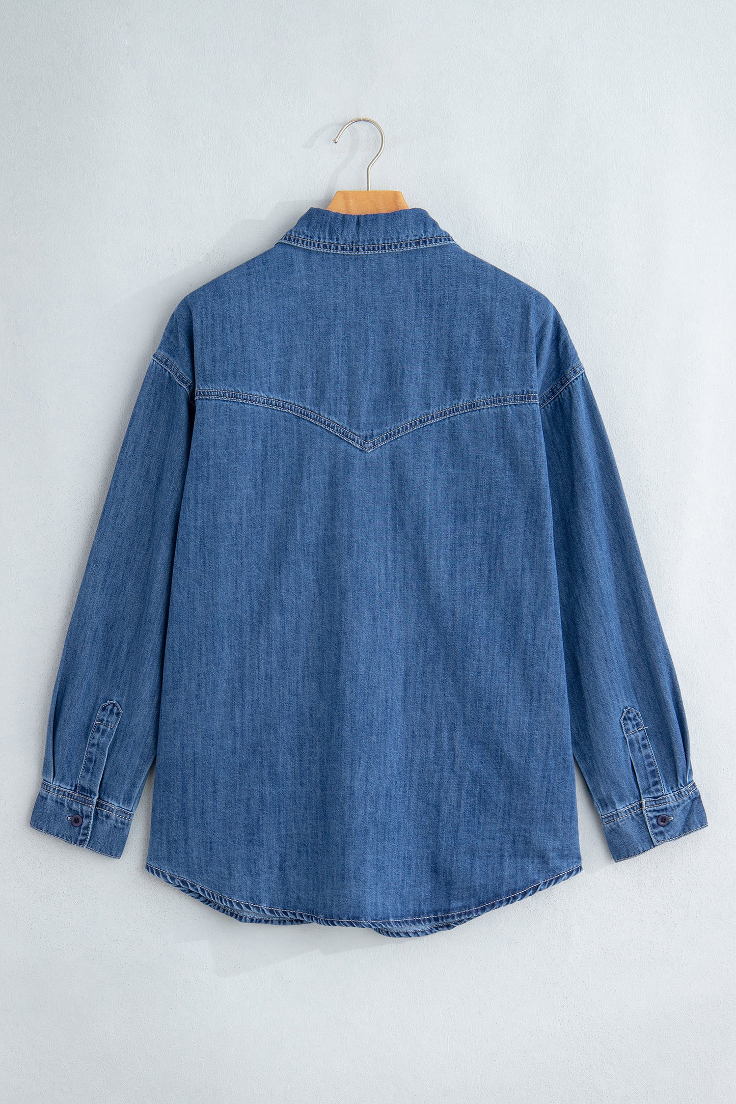 Sail Blue Western Patch Pockets Tunic Length Long Sleeve Denim Shirt-Tops/Blouses & Shirts-[Adult]-[Female]-2022 Online Blue Zone Planet
