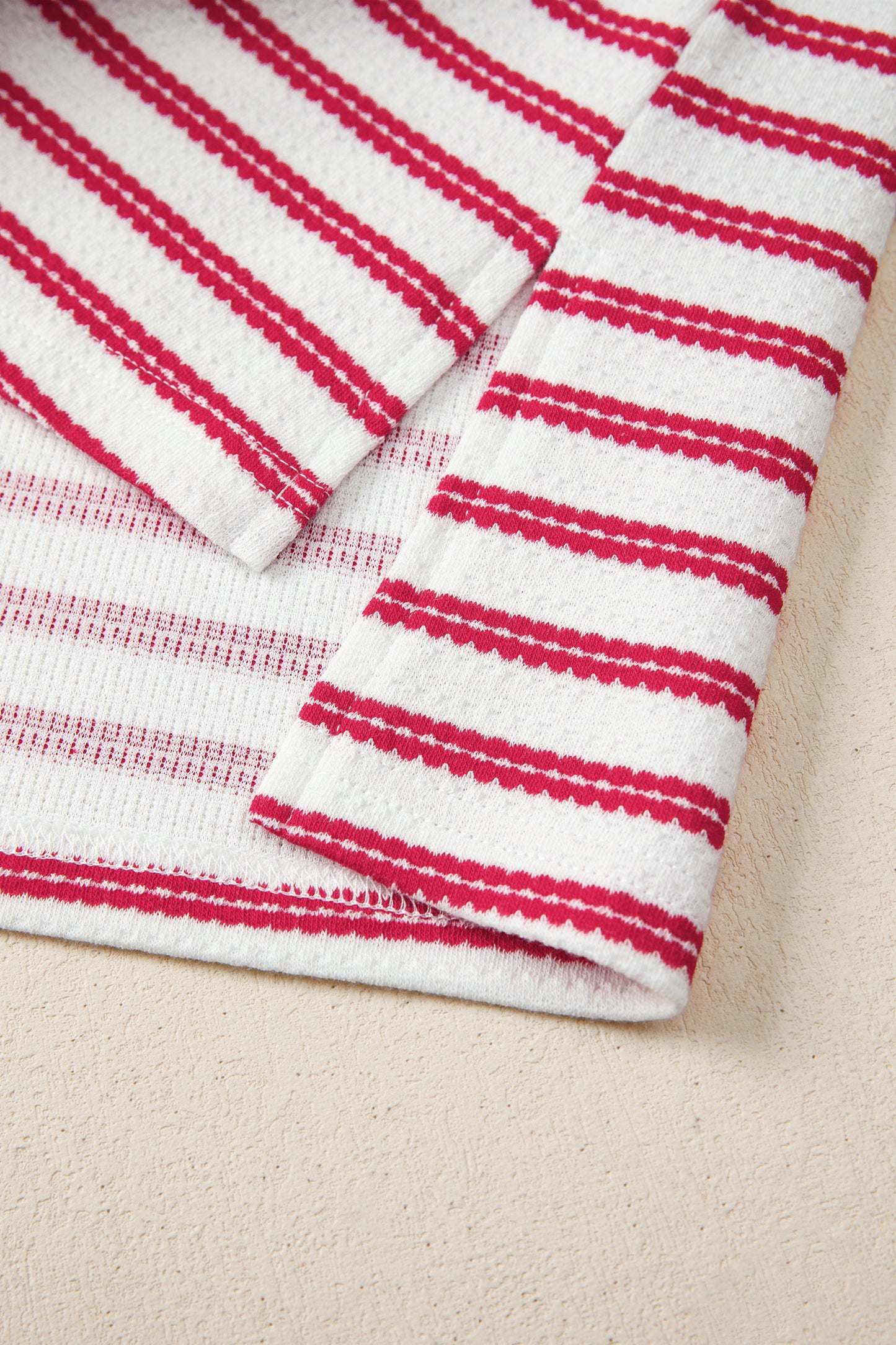 Red Stripe Textured Knit Button Detail Short Sleeve Casual Tee-Tops/Tops & Tees-[Adult]-[Female]-2022 Online Blue Zone Planet