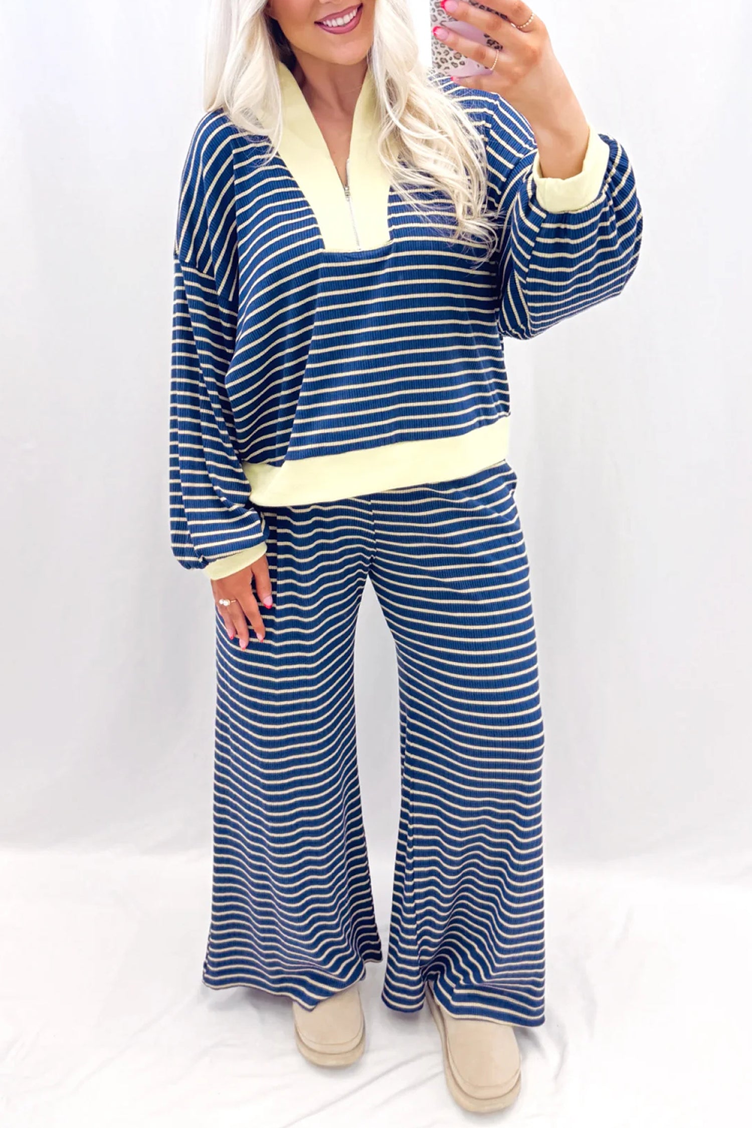 Blue Stripe Color Block Patchwork Zip V Neck Pullover Loose Pants 2pcs Set-Two Piece Sets/Pant Sets-[Adult]-[Female]-2022 Online Blue Zone Planet