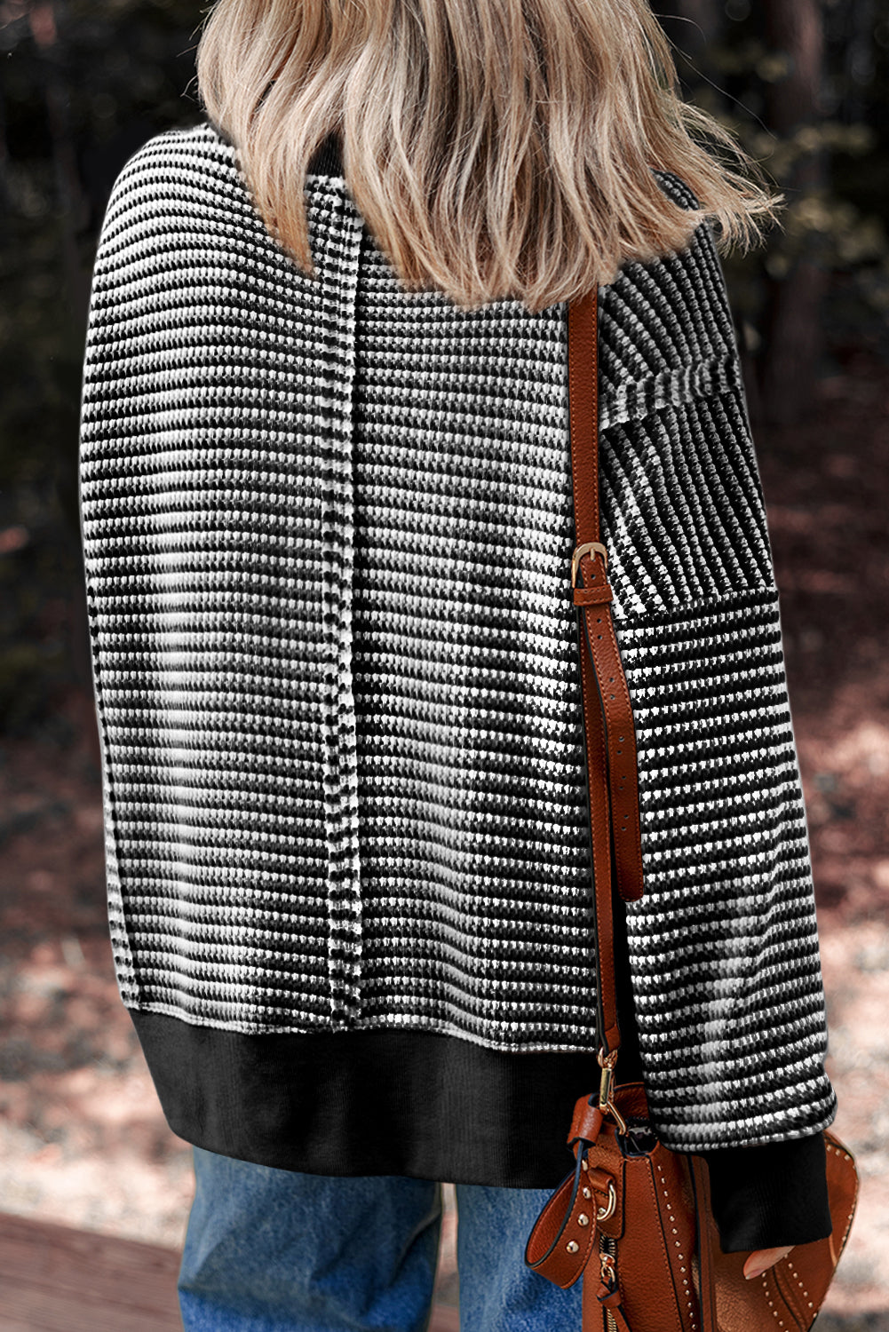 Black Stripe Ribbed Trim Drop Shoulder Long Sleeve Oversize Top-Tops/Long Sleeve Tops-[Adult]-[Female]-2022 Online Blue Zone Planet