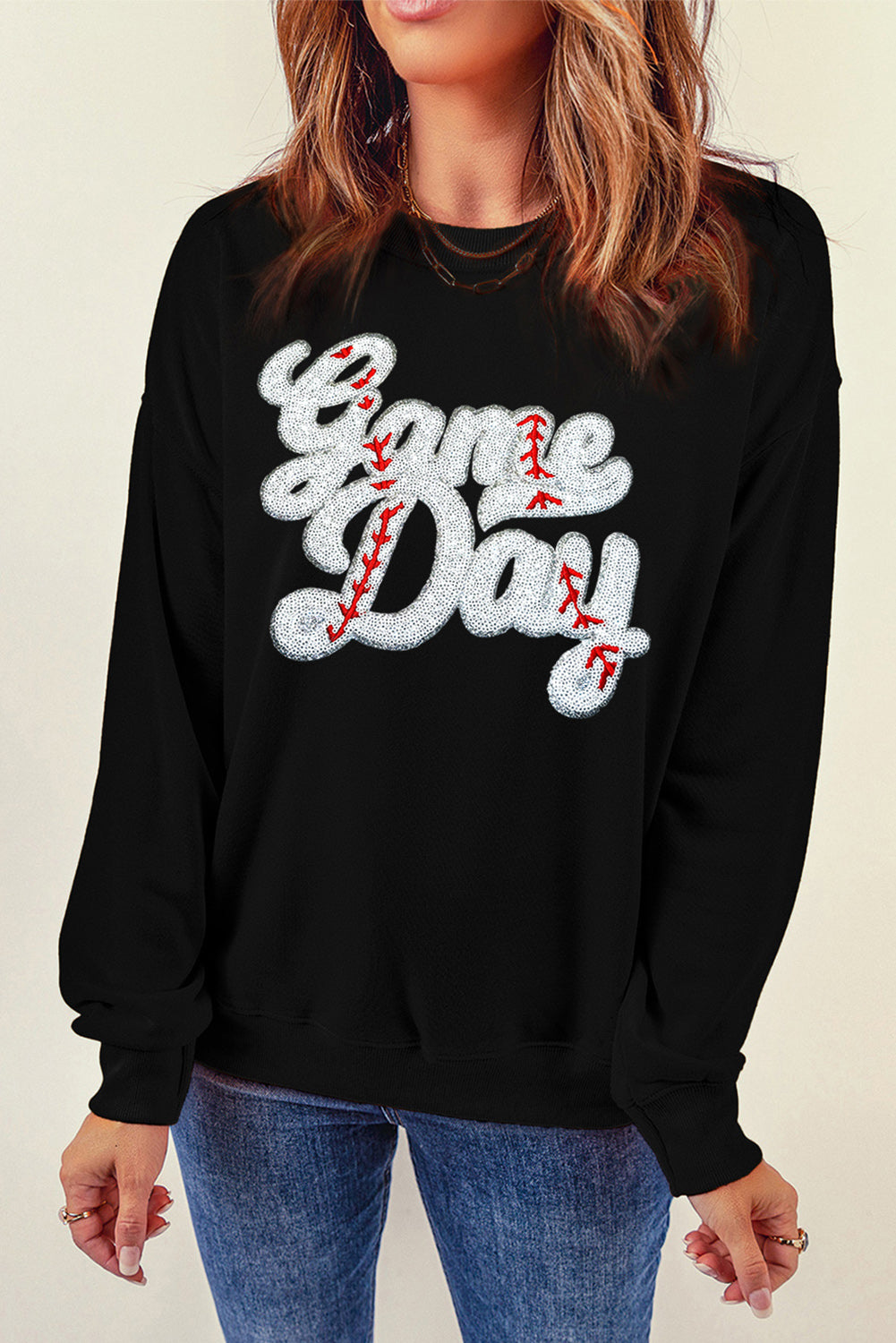 Letter Graphic Round Neck Long Sleeve Sweatshirt-TOPS / DRESSES-[Adult]-[Female]-Black-S-2022 Online Blue Zone Planet