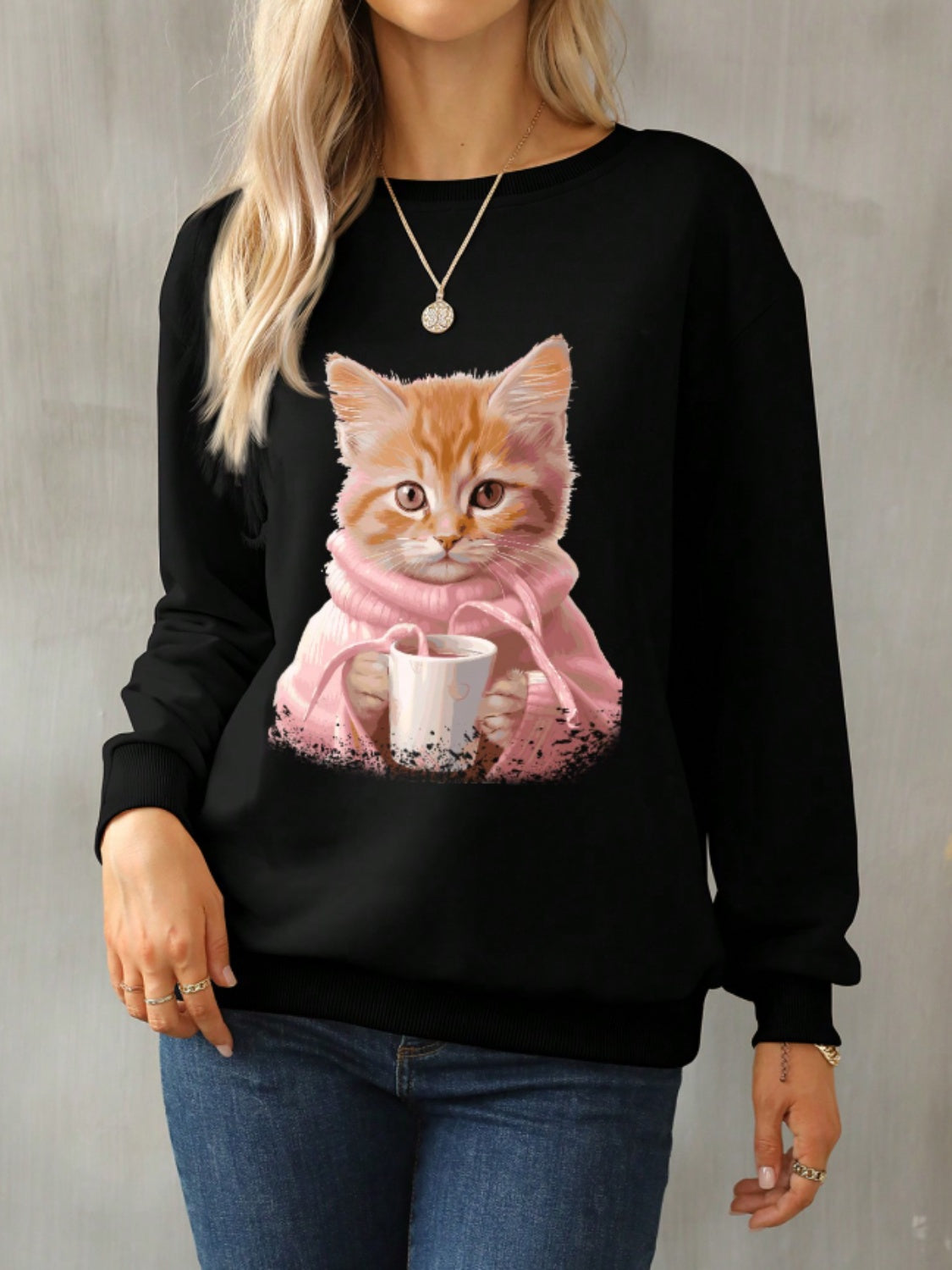 Cat Round Neck Long Sleeve Sweatshirt-TOPS / DRESSES-[Adult]-[Female]-Black-S-2022 Online Blue Zone Planet