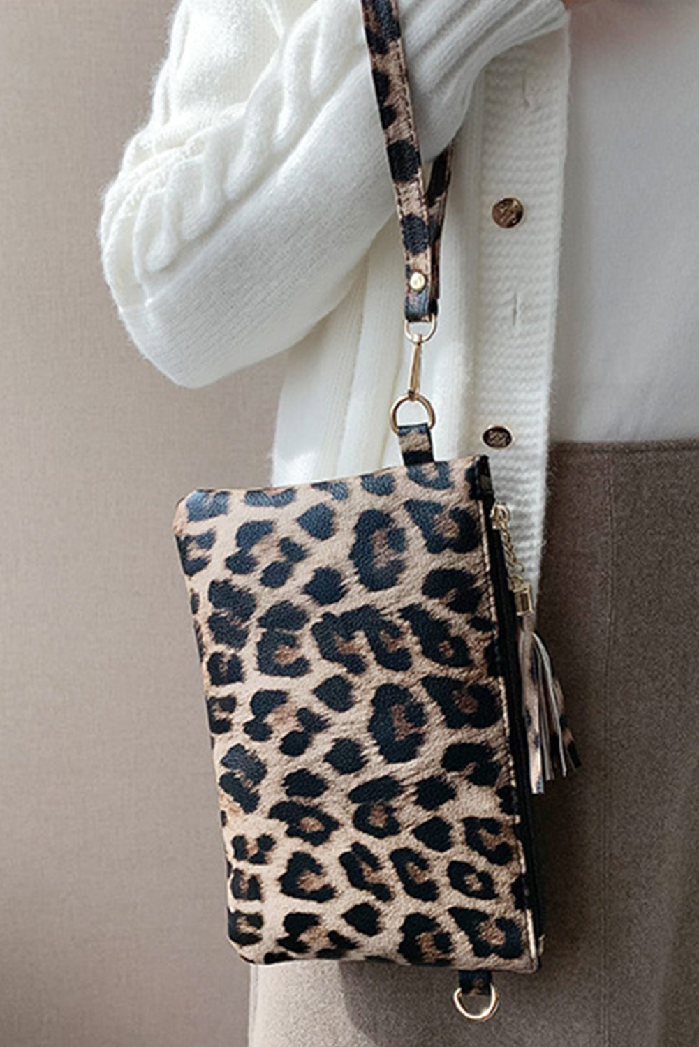 Chestnut Leopard Print Wrist Strap Zipped Wallet-Clutches & Evening Bags-[Adult]-[Female]-Chestnut-ONE SIZE-2022 Online Blue Zone Planet