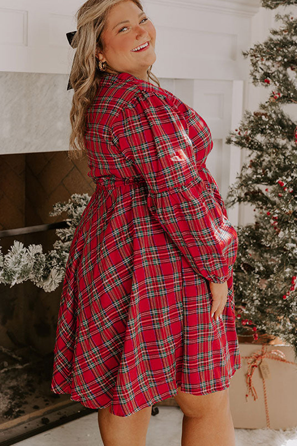 Red Plus Size Plaid Half Button Long Sleeve Holiday Dress-TOPS / DRESSES-[Adult]-[Female]-2022 Online Blue Zone Planet