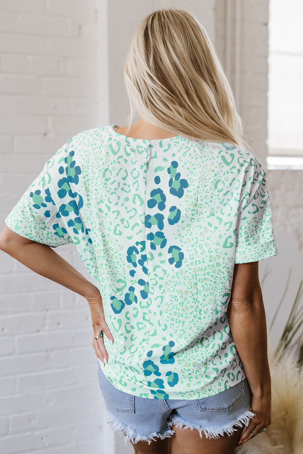 Green Mixed Leopard Print V Neck Short Sleeve Blouse-Tops/Blouses & Shirts-[Adult]-[Female]-2022 Online Blue Zone Planet