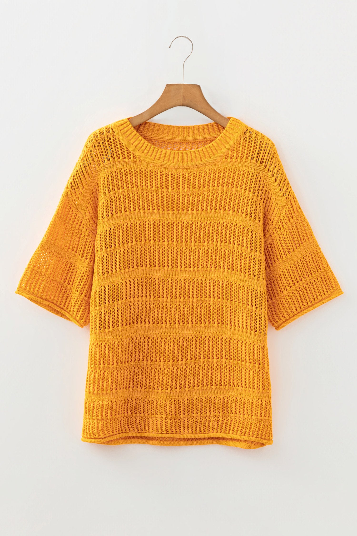 Mustard Hollow out Openwork Knit 3/4 Sleeve Sweater-TOPS / DRESSES-[Adult]-[Female]-2022 Online Blue Zone Planet