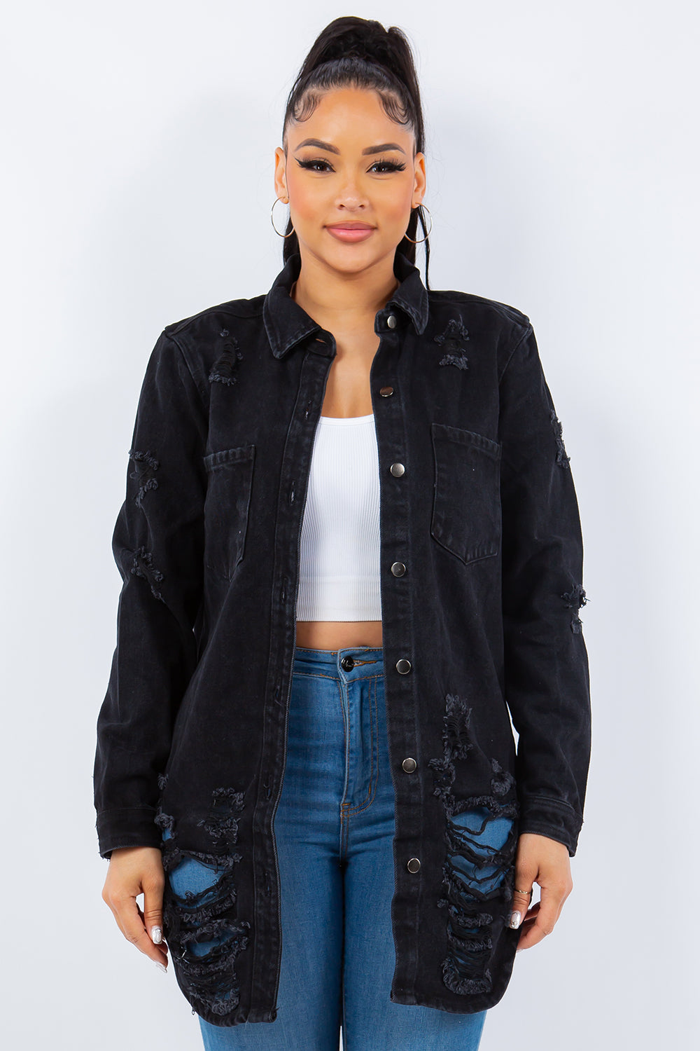 Blue Zone Planet | American Bazi Distressed Button Up Long Sleeve Denim Jacket-TOPS / DRESSES-[Adult]-[Female]-Black-S-2022 Online Blue Zone Planet