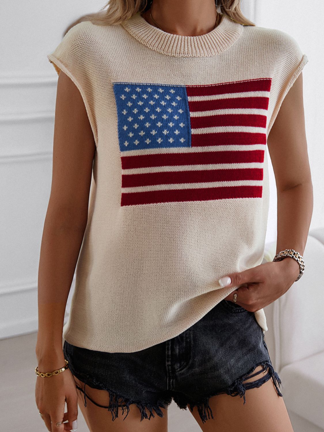 Blue Zone Planet | Devine US Flag Round Neck Sweater Vest-TOPS / DRESSES-[Adult]-[Female]-Beige-S-2022 Online Blue Zone Planet