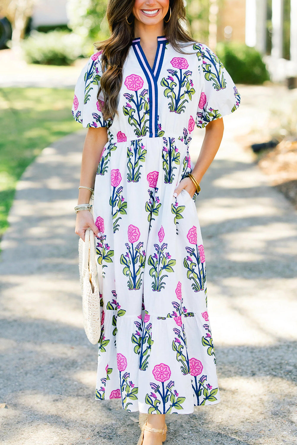White Floral Puff Short Sleeve V Neck High Waist Maxi Dress-TOPS / DRESSES-[Adult]-[Female]-White-S-2022 Online Blue Zone Planet