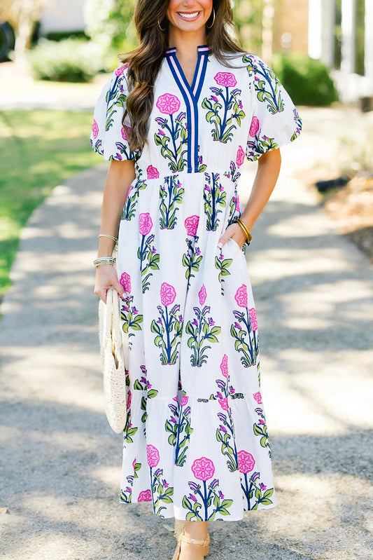 White Floral Puff Short Sleeve V Neck High Waist Maxi Dress-TOPS / DRESSES-[Adult]-[Female]-White-S-2022 Online Blue Zone Planet
