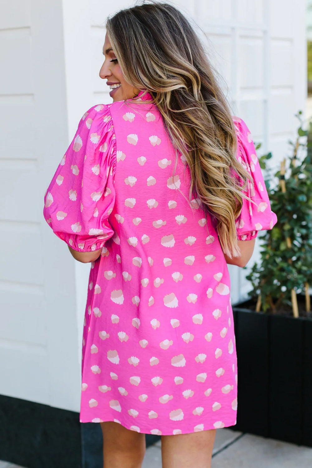 Blue Zone Planet | Bright Pink Printed Shirred Yoke Half Puff Sleeve Dress-TOPS / DRESSES-[Adult]-[Female]-2022 Online Blue Zone Planet