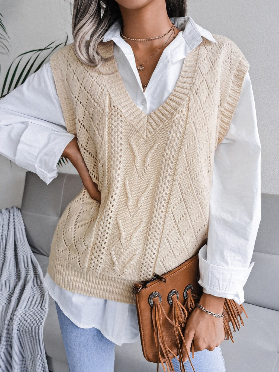 Openwork V-Neck Sweater Vest-TOPS / DRESSES-[Adult]-[Female]-Cream-S-2022 Online Blue Zone Planet