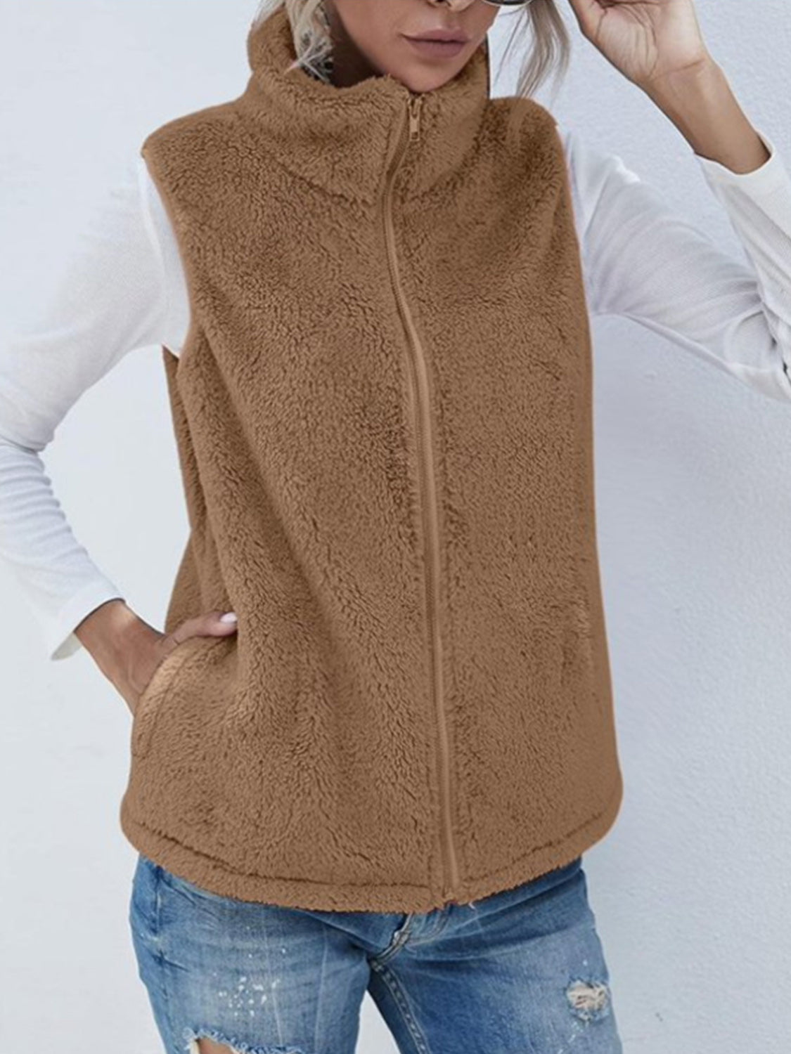 Full Size Fuzzy Zip Up Vest Coat with Pockets-TOPS / DRESSES-[Adult]-[Female]-Camel-S-2022 Online Blue Zone Planet