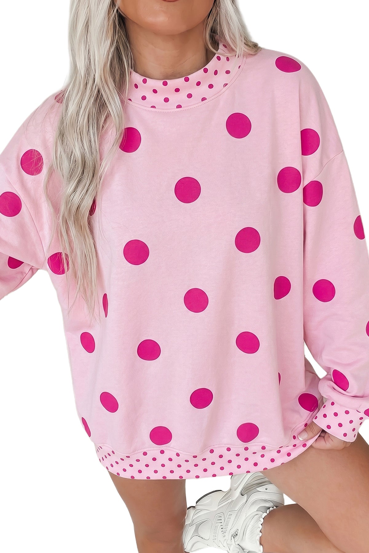 Pink Polka Dot Print Contrast Detail Oversized Tunic Sweatshirt-Tops/Sweatshirts & Hoodies-[Adult]-[Female]-2022 Online Blue Zone Planet