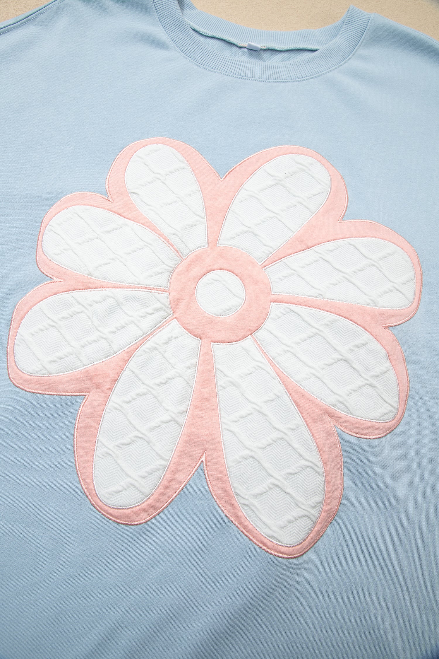 Beau Blue Big Flower Patch Drop Shoulder Striped Long Sleeve Top-Tops/Long Sleeve Tops-[Adult]-[Female]-2022 Online Blue Zone Planet