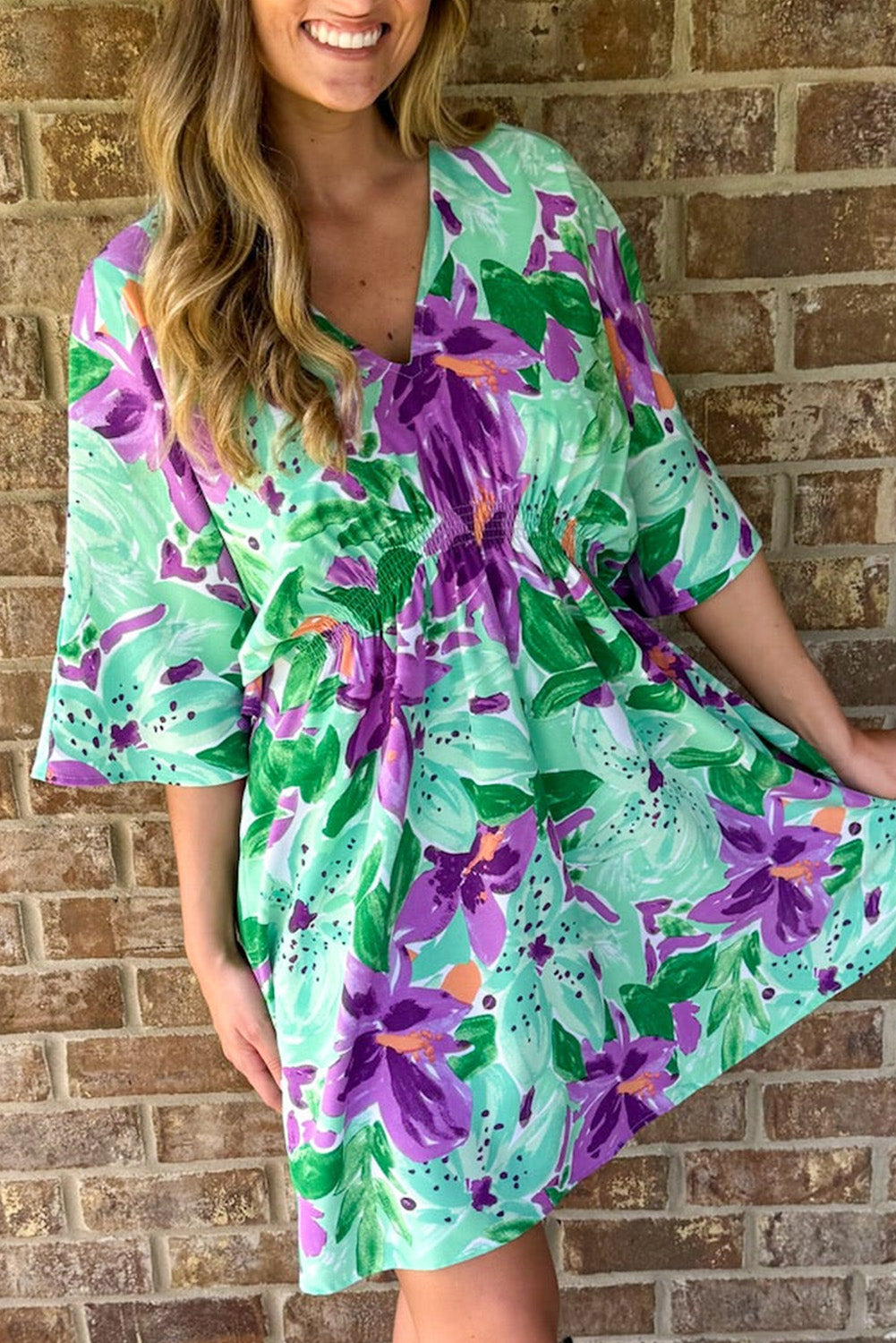 Blue Zone Planet | Green Boho Floral Half Sleeve V Neck Shirred Waist Mini Dress-TOPS / DRESSES-[Adult]-[Female]-2022 Online Blue Zone Planet