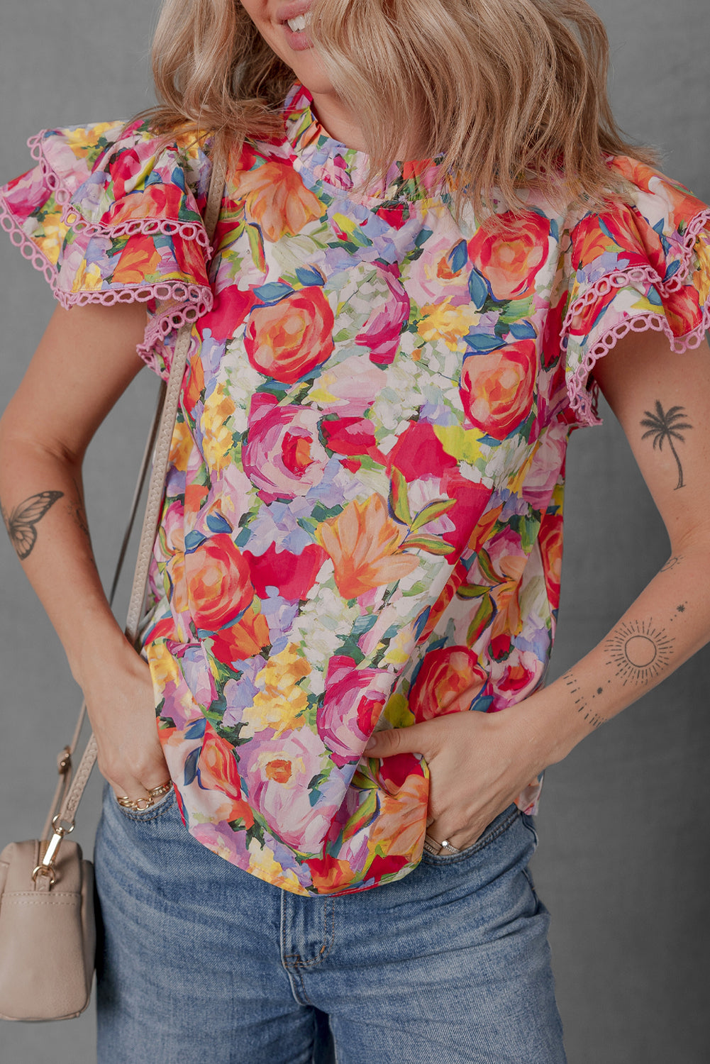 Multicolour Lace Trim Ruffle Short Sleeve Floral Blouse-Tops/Blouses & Shirts-[Adult]-[Female]-2022 Online Blue Zone Planet