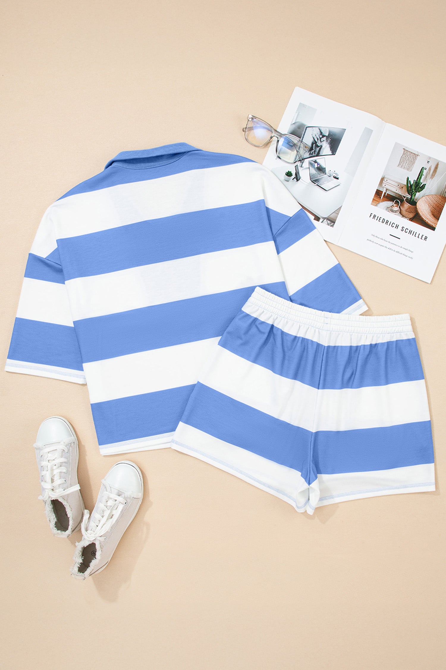 Sky Blue Stripe Drop Shoulder Zipped Collar T Shirt Plus Size Shorts Set-Plus Size/Plus Size Loungewear-[Adult]-[Female]-2022 Online Blue Zone Planet