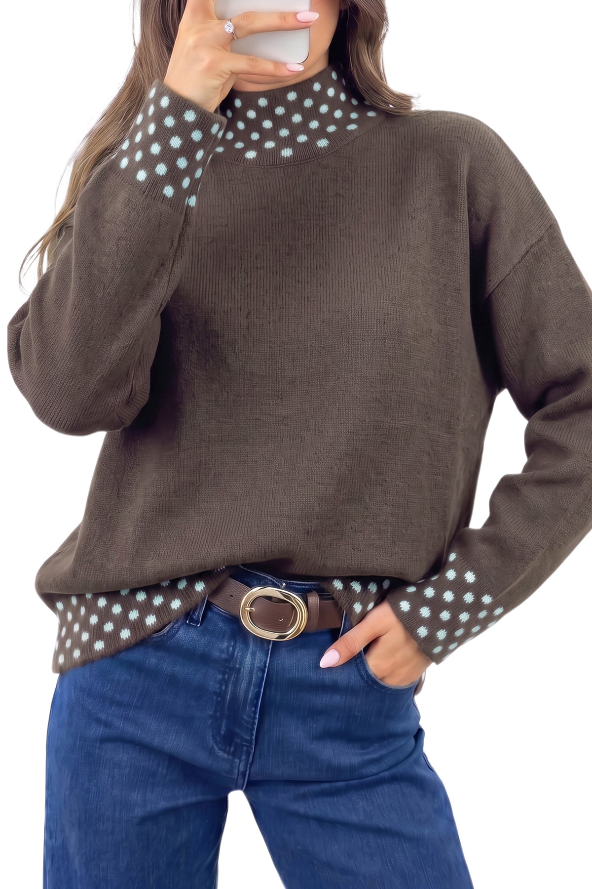 Fiery Red Polka Dot Contrast Mock Neck Sweater-TOPS / DRESSES-[Adult]-[Female]-2022 Online Blue Zone Planet