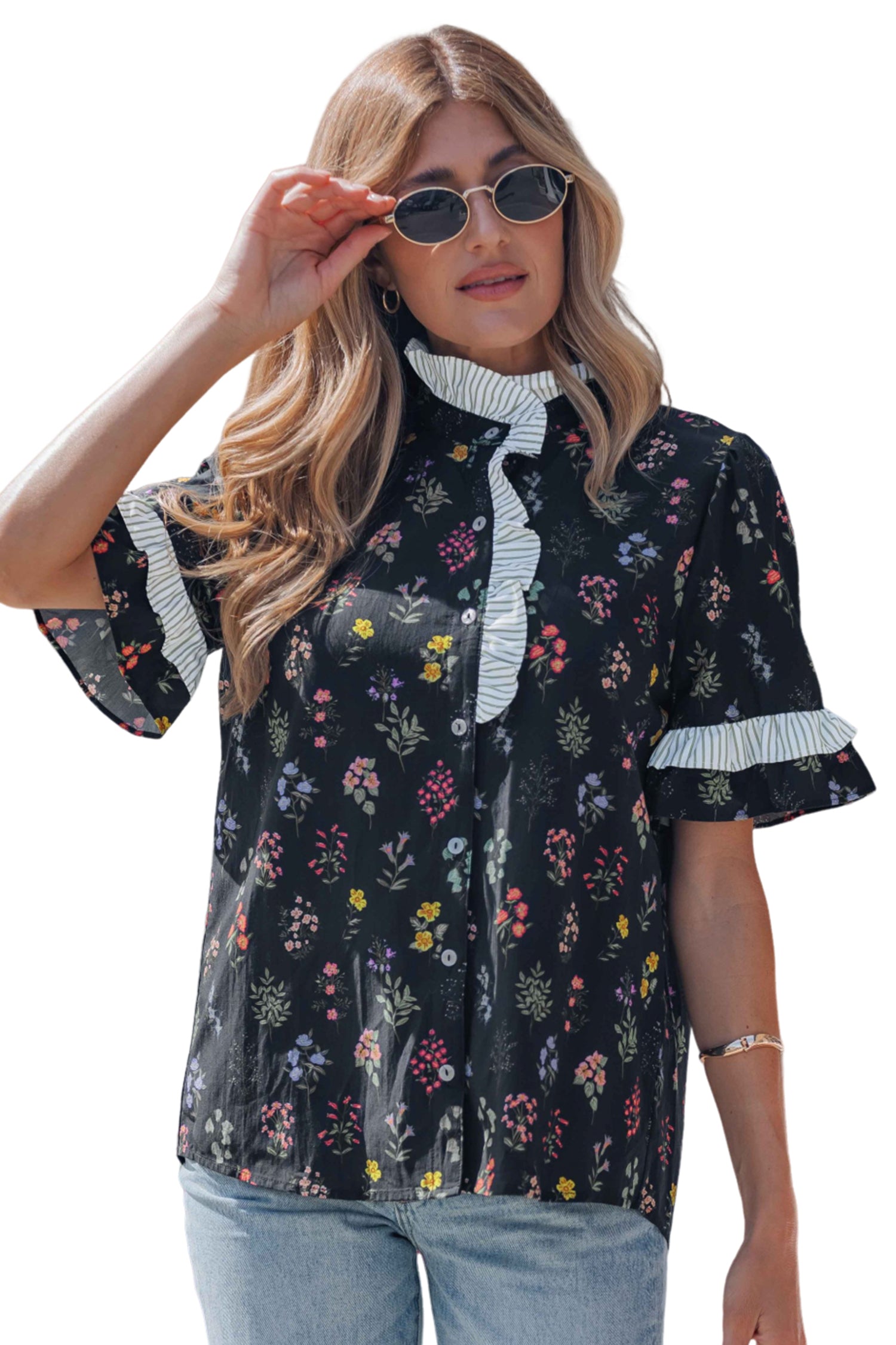 Black Contrast Frilled Trim Short Sleeve Floral Shirt-Tops/Blouses & Shirts-[Adult]-[Female]-2022 Online Blue Zone Planet