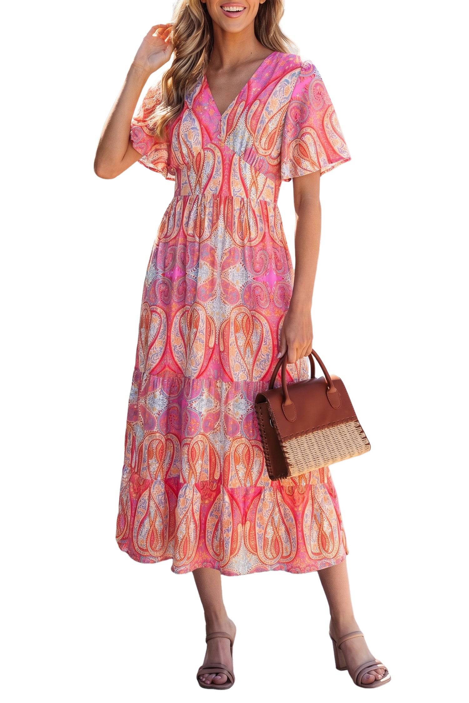 Multicolour Paisley Print V-Neck Short Sleeve Boho Maxi Dress with Ruffle Details-TOPS / DRESSES-[Adult]-[Female]-2022 Online Blue Zone Planet