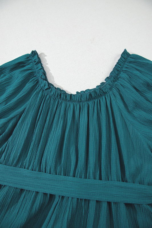 Skobeloff Frilled U Neck Puff Sleeve Belted Ruffle Hem Plus Size Midi Dress-TOPS / DRESSES-[Adult]-[Female]-2022 Online Blue Zone Planet