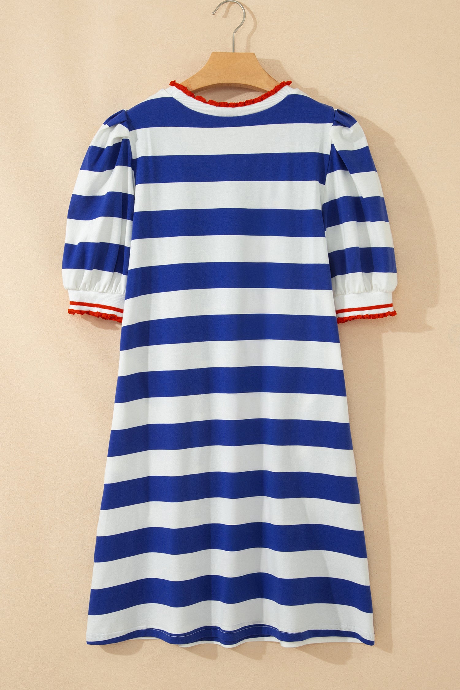 Blue Stripe Contrast Trim Round Neck Short Puff Sleeve Shift Mini Dress-TOPS / DRESSES-[Adult]-[Female]-2022 Online Blue Zone Planet