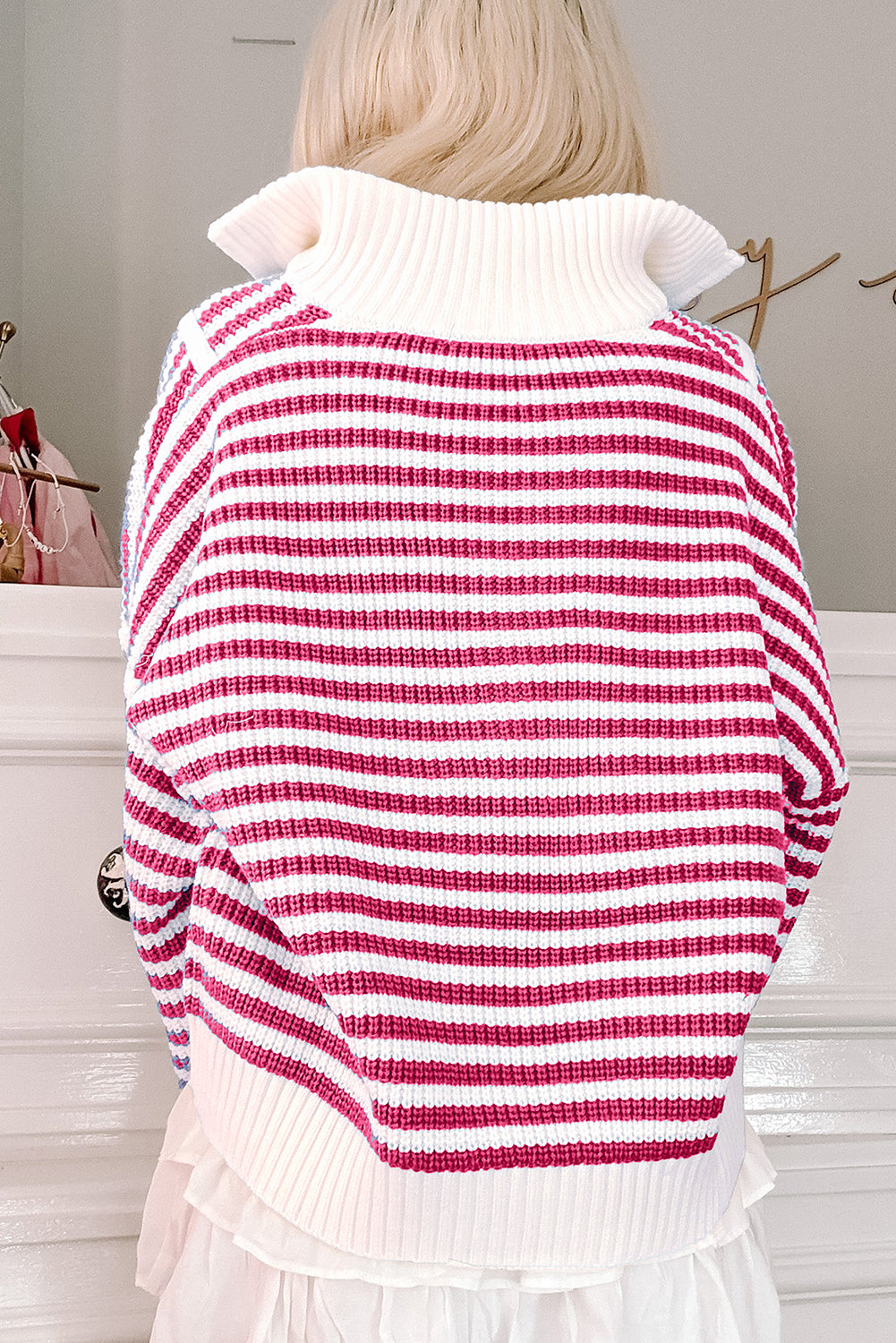 Pink Stripe Zip Up Collar Drop Shoulder Sweater-TOPS / DRESSES-[Adult]-[Female]-2022 Online Blue Zone Planet