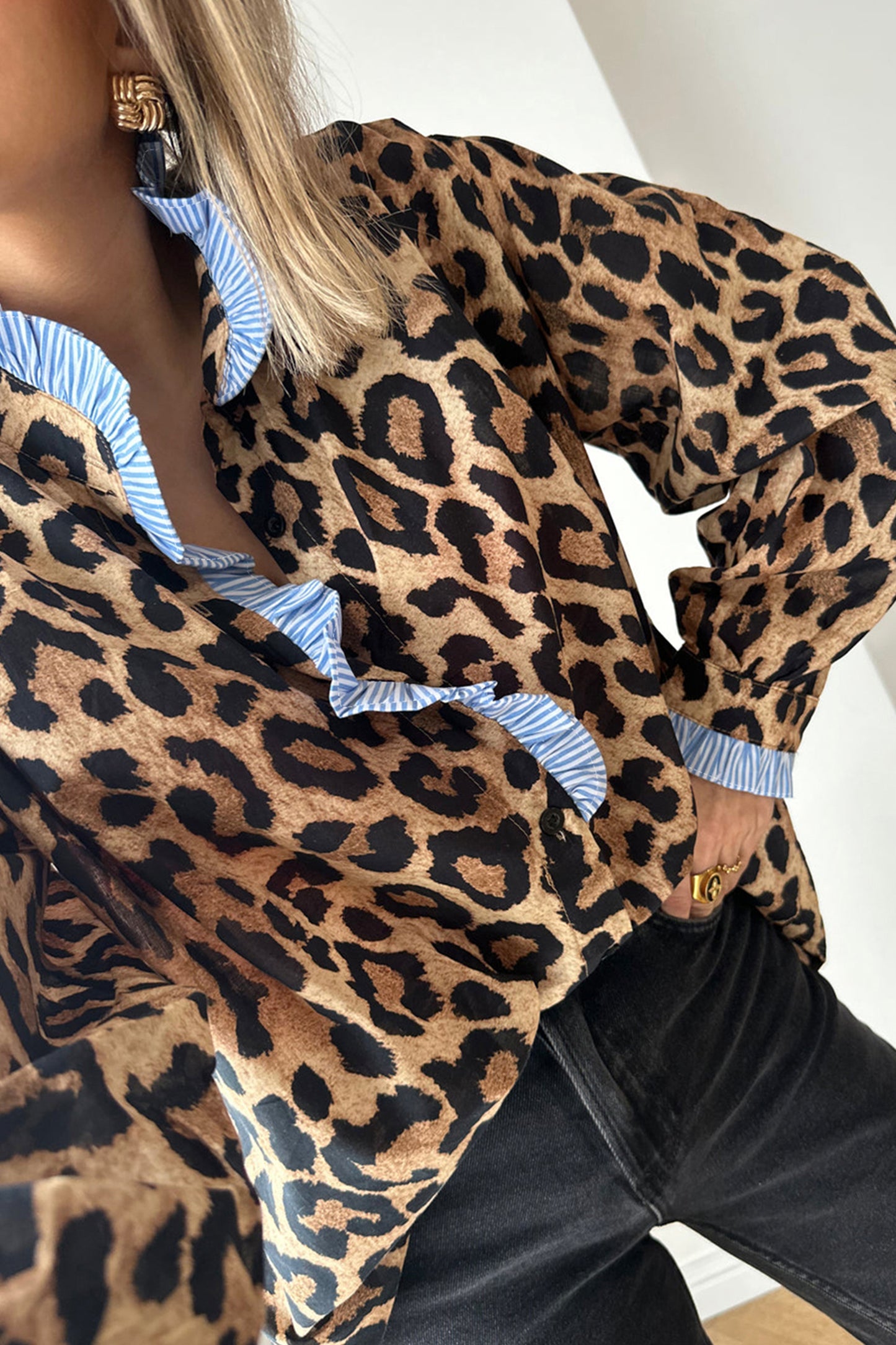 Brown Wild Leopard Print Contrast Striped Frilled Trim Chic Shirt-Tops/Blouses & Shirts-[Adult]-[Female]-2022 Online Blue Zone Planet
