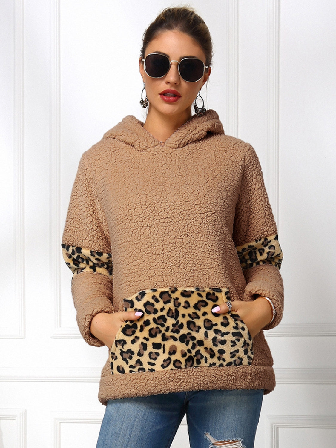 Blue Zone Planet | Ivy Lane Sherpa Leopard Long Sleeve Hoodie-TOPS / DRESSES-[Adult]-[Female]-Camel-S-2022 Online Blue Zone Planet