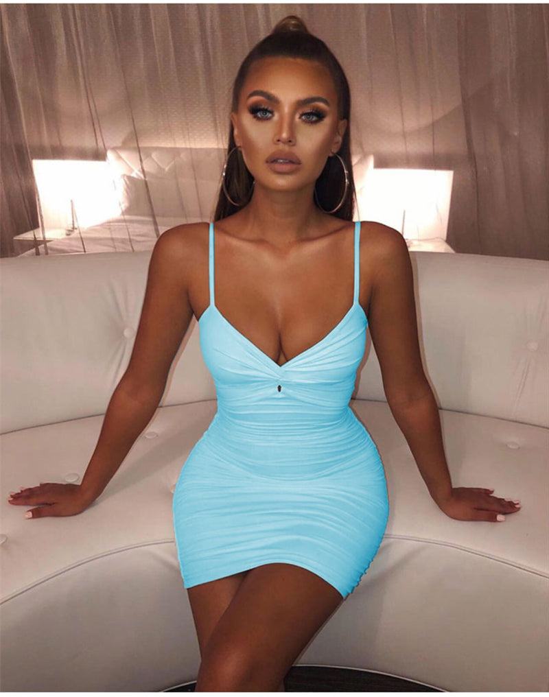 Suzie's Pleated Deep V-neck Mini Bodycon Dress-TOPS / DRESSES-[Adult]-[Female]-Blue-L-2022 Online Blue Zone Planet