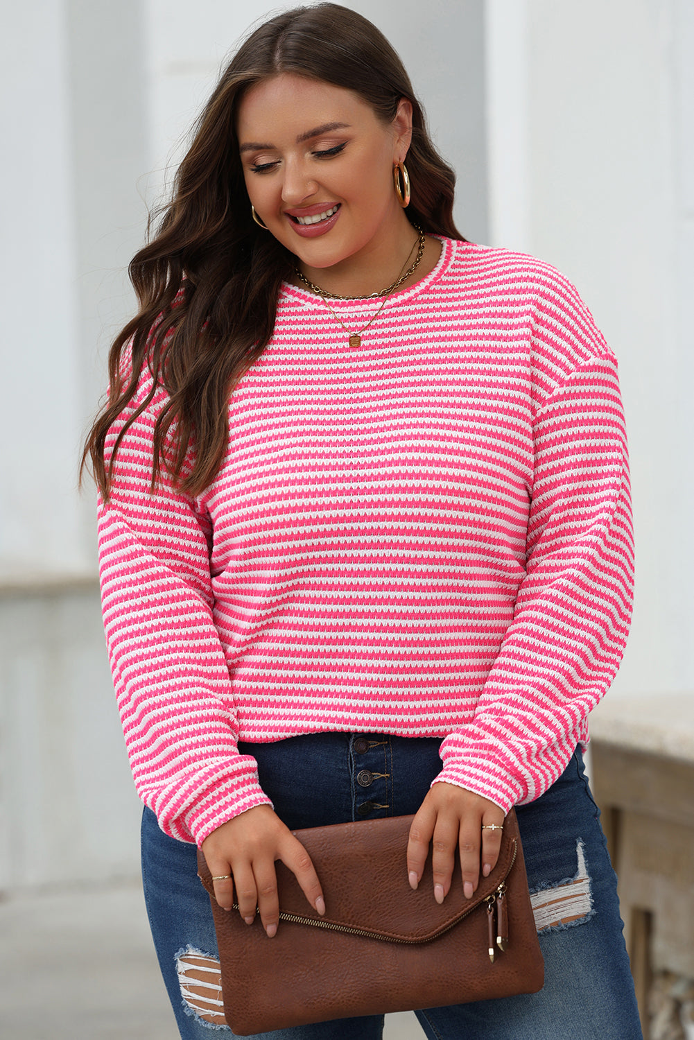 Blue Zone Planet | Rose Stripe Round Neck Drop Shoulder Long Sleeve Top-Tops/Long Sleeve Tops-[Adult]-[Female]-2022 Online Blue Zone Planet