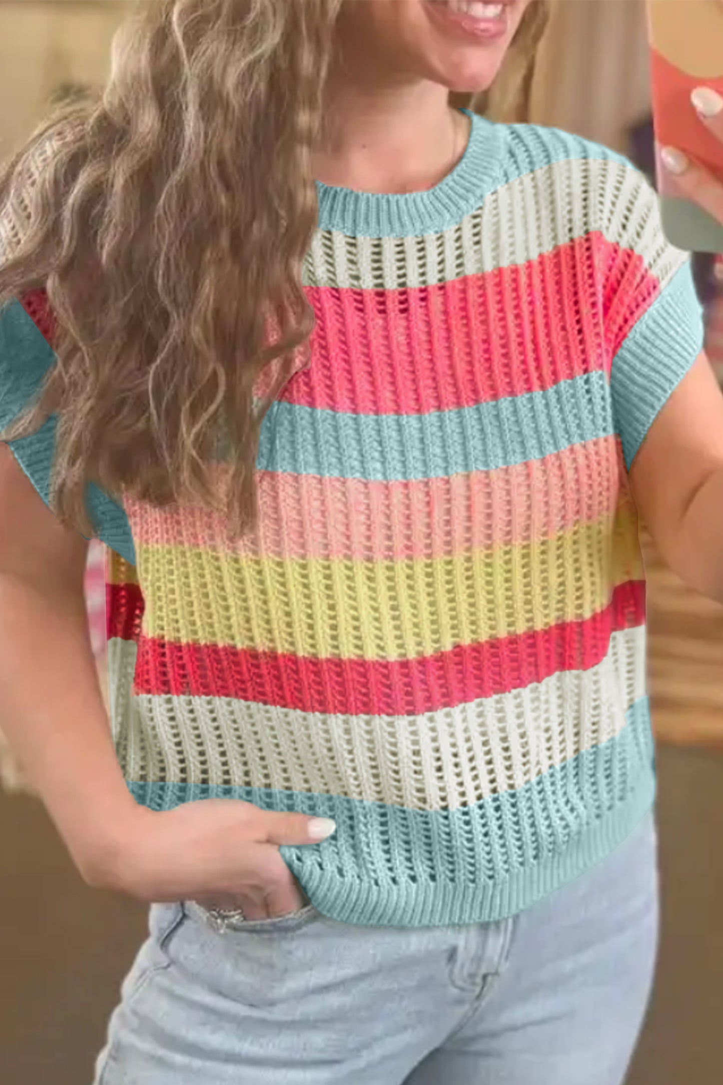 Green Stripe Color Block Hollow Out Knit Short Sleeve Sweater-TOPS / DRESSES-[Adult]-[Female]-2022 Online Blue Zone Planet