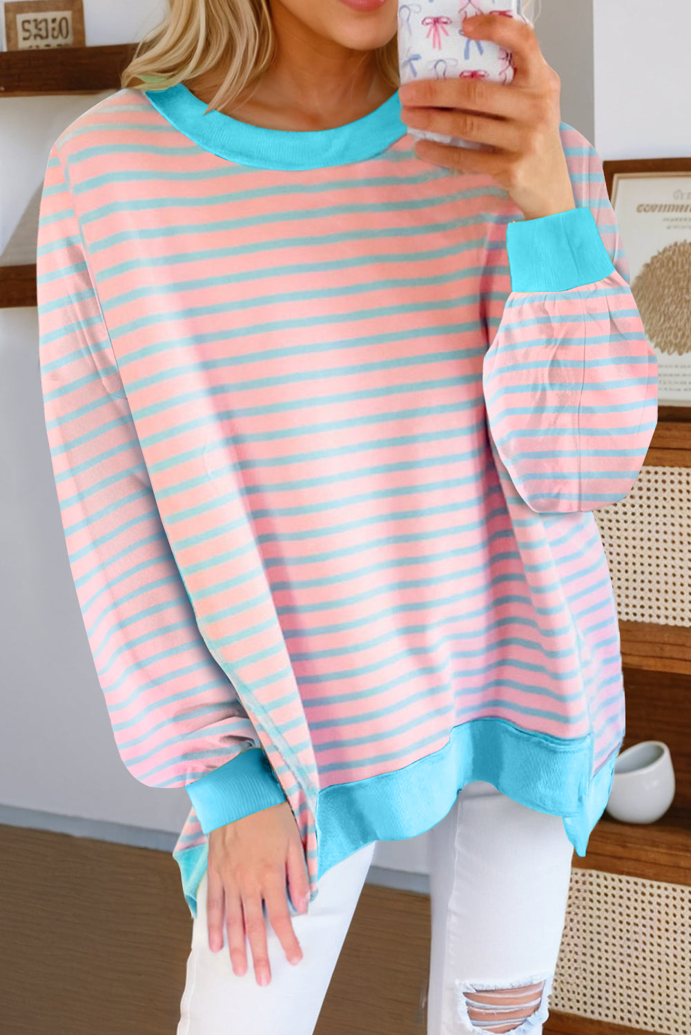 Pink Stripe Contrast Trim High Low Pullover Tunic Sweatshirt-Tops/Sweatshirts & Hoodies-[Adult]-[Female]-Pink Stripe-S-2022 Online Blue Zone Planet