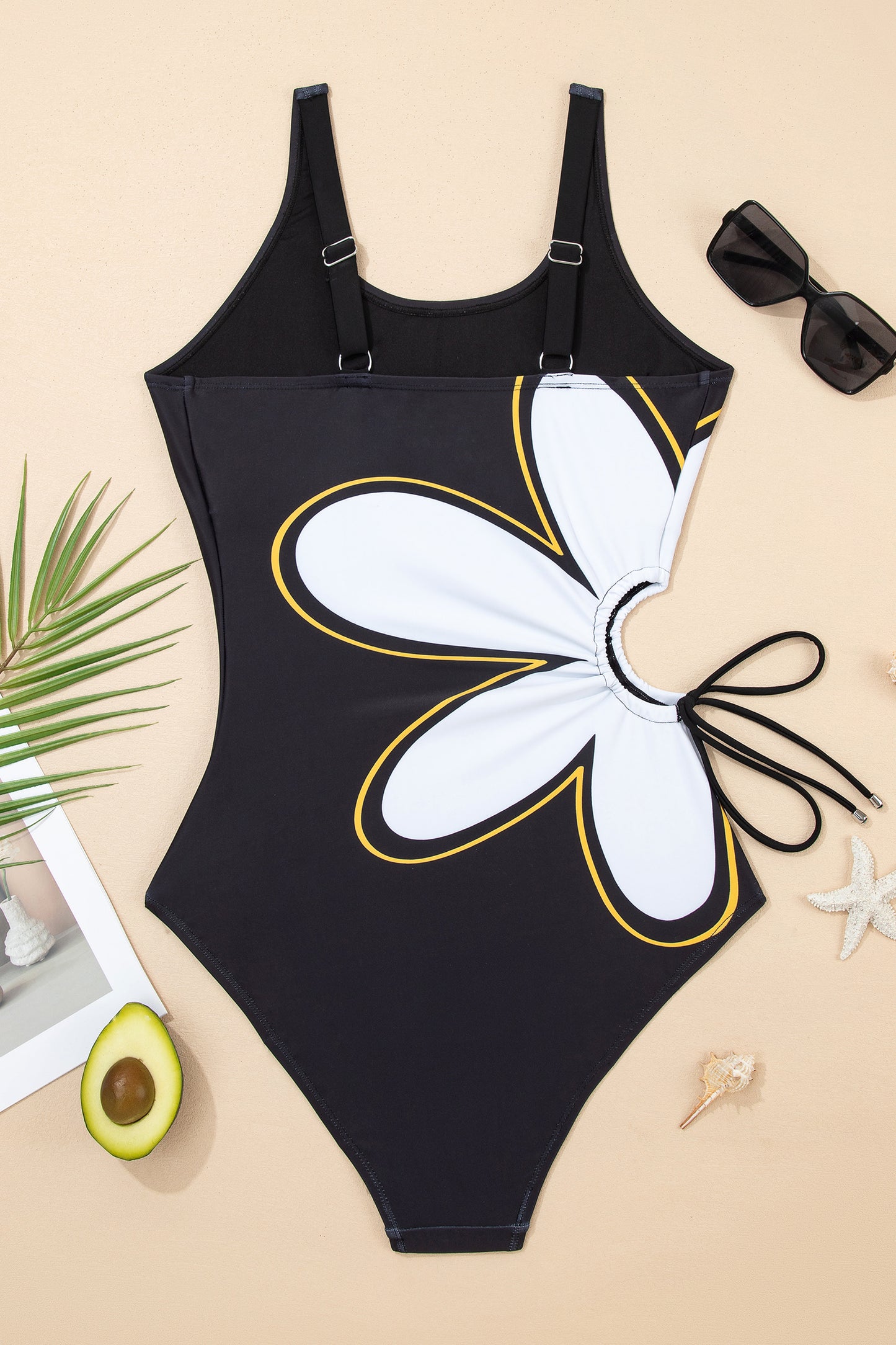 Black Drawstring Big Hole Floral Print Sleeveless One Piece Swimsuit-Swimwear/One Piece Swimsuit-[Adult]-[Female]-2022 Online Blue Zone Planet