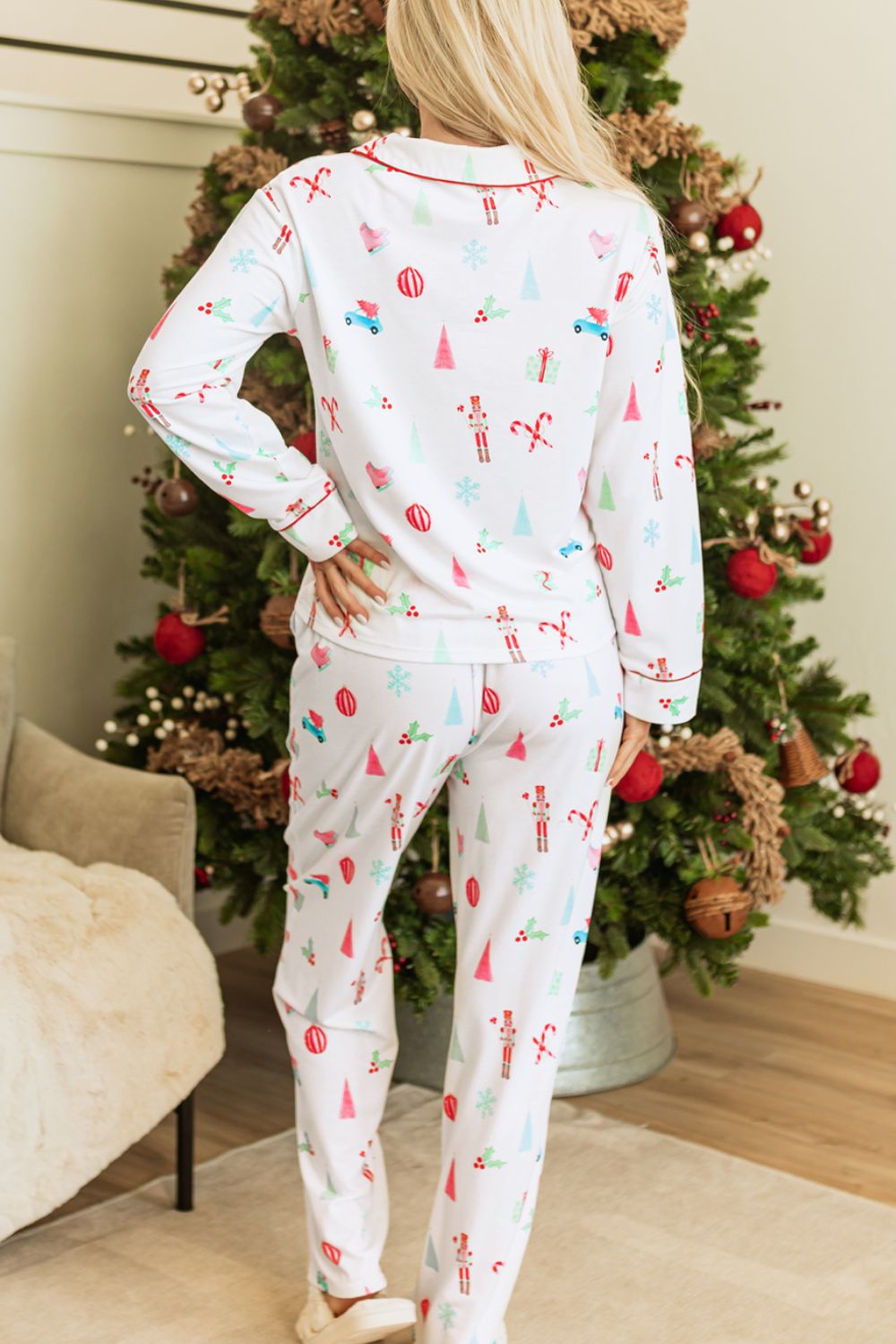 Christmas Printed Collared Neck Top and Pants Lounge Set-TOPS / DRESSES-[Adult]-[Female]-2022 Online Blue Zone Planet