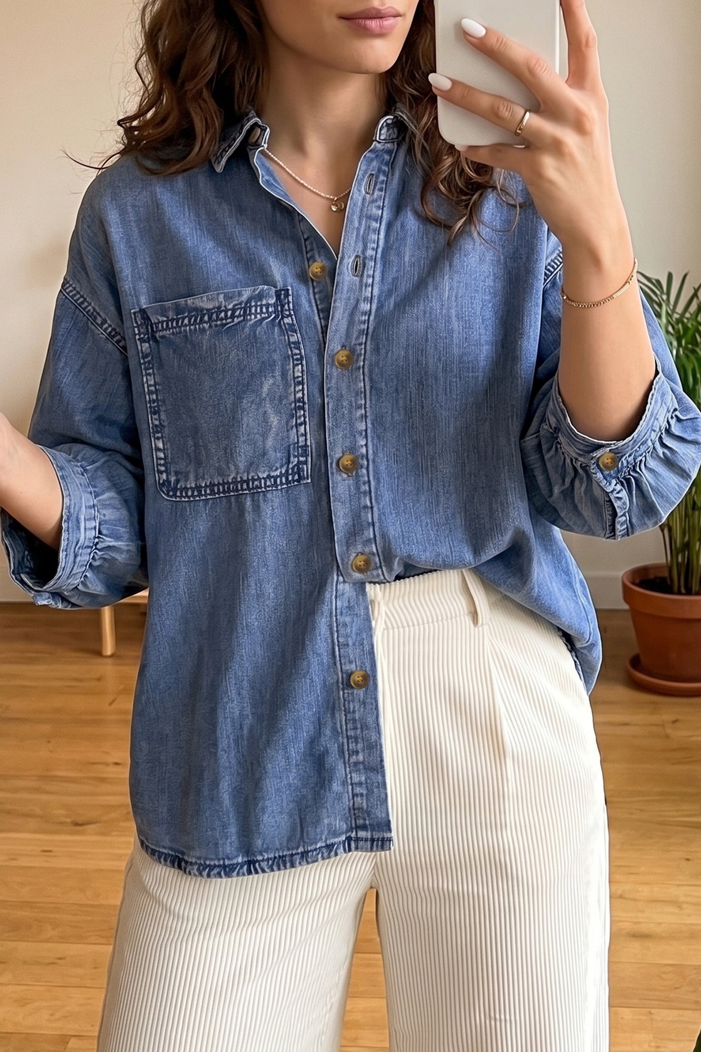 Dusk Blue Three Quarter Sleeve Button Front Loose Denim Shirt-Tops/Blouses & Shirts-[Adult]-[Female]-Dusk Blue-S-2022 Online Blue Zone Planet