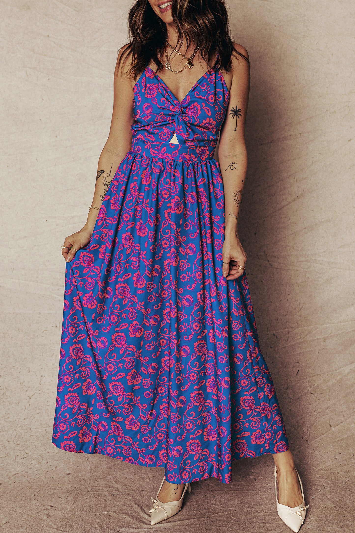 Blue Floral Print Twisted V Neck Tied Backless Maxi Dress-TOPS / DRESSES-[Adult]-[Female]-2022 Online Blue Zone Planet