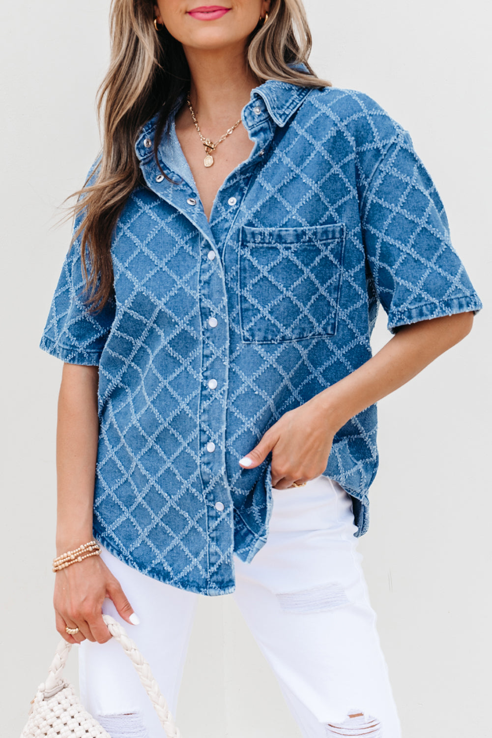 Dusk Blue Checkered Textured Short Sleeve Patched Pocket Denim Shirt-Tops/Blouses & Shirts-[Adult]-[Female]-2022 Online Blue Zone Planet