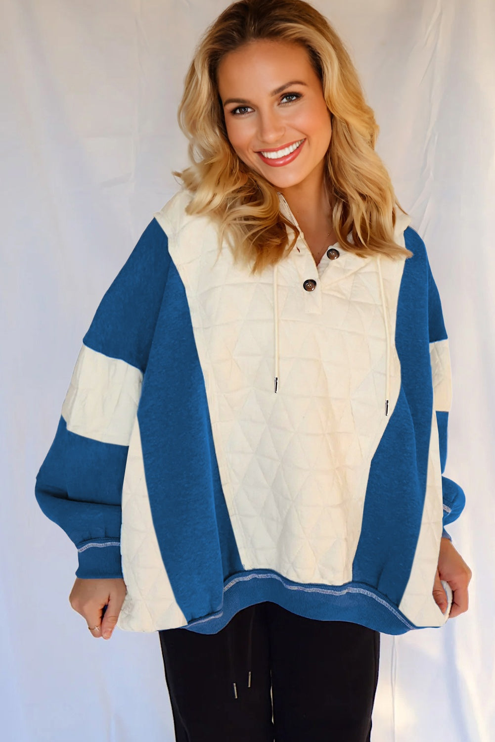 White Quilted Fleece Color Block Patchwork Oversize Hoodie-Tops / Dresses-[Adult]-[Female]-2022 Online Blue Zone Planet