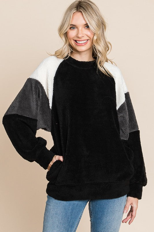 Culture Code Color Block Faux Fur Raglan Sleeve Sweatshirt-TOPS / DRESSES-[Adult]-[Female]-Black-S-2022 Online Blue Zone Planet