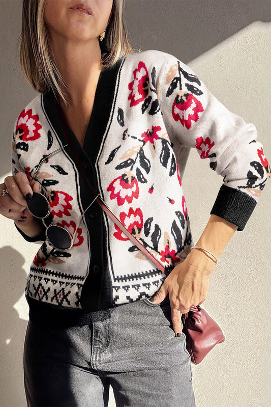 Beige Floral Print Buttoned Front V Neck Knit Cardigan-Sweaters & Cardigans/Cardigans-[Adult]-[Female]-Beige-S-2022 Online Blue Zone Planet